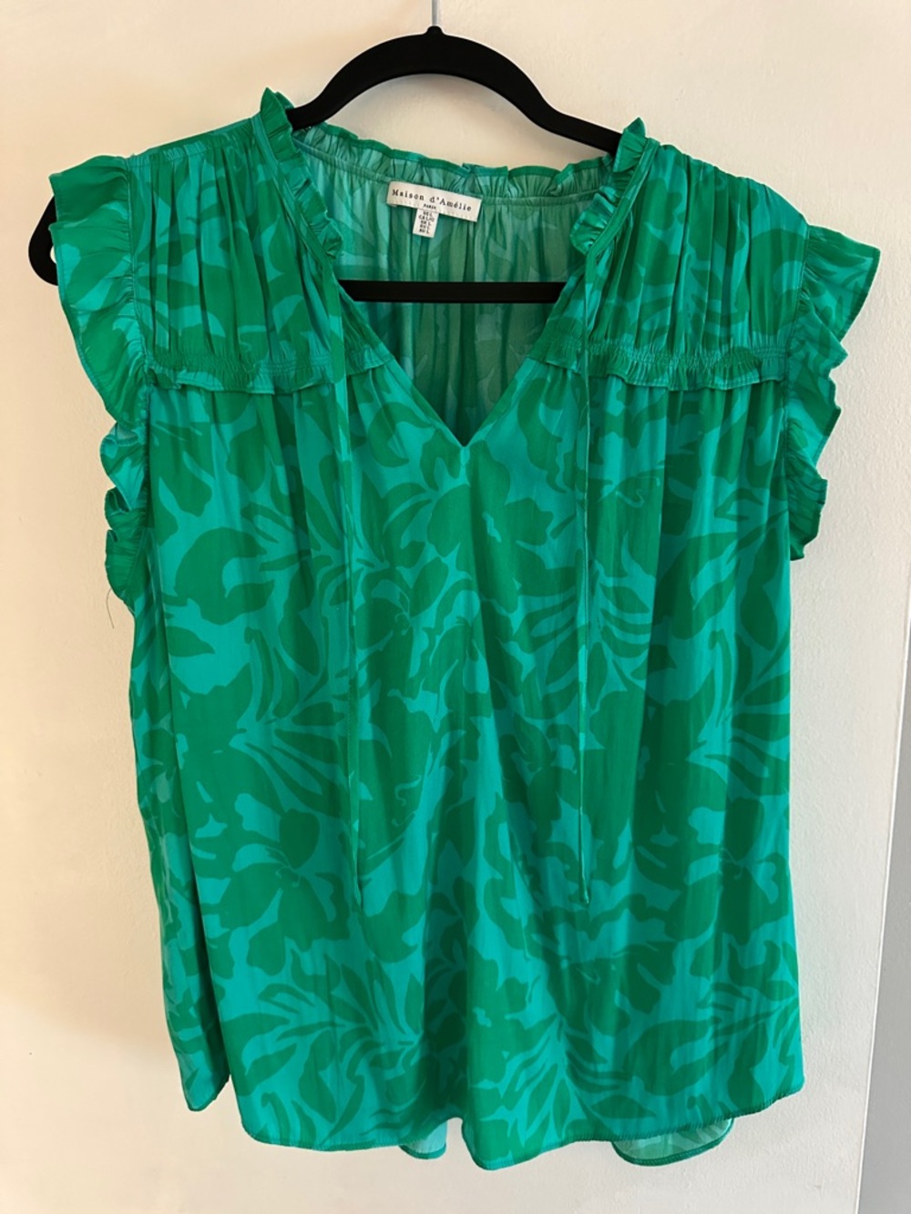 Maison d'Angele Green Floral-Print V-Neck Ruffle Sleeve Blouse